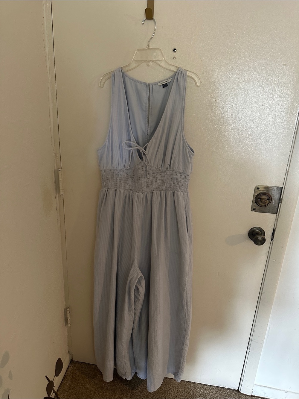 American Eagle Outfitters Light Blue Cotton Linen Sleeveless Wide-Leg Jumpsuit …